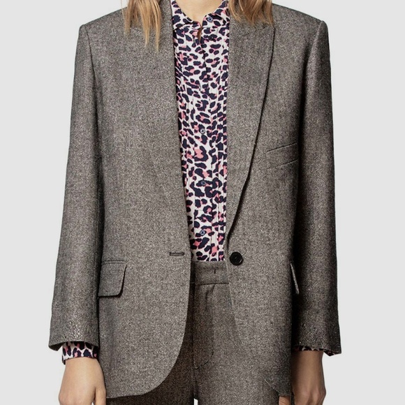 ZADIG & VOLTAIRE Herringbone metallic grey silver wool blazer removal skull pin - Picture 1 of 14